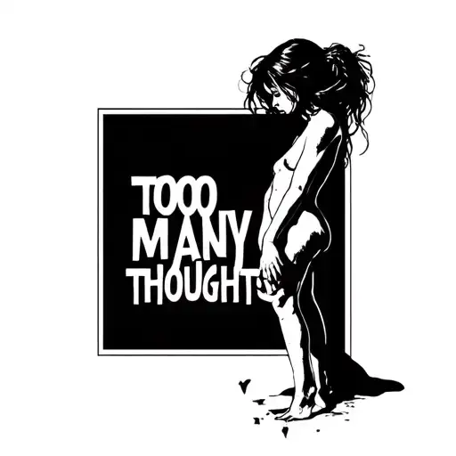 Naked girl and the phrase too many thoughts tattoo design idea