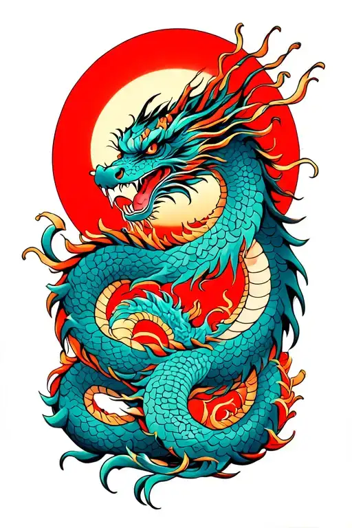Japanese dragon wrapping up the rising sun around the forearm tattoo design idea
