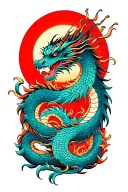 Japanese dragon wrapping up the rising sun around the forearm tattoo design idea