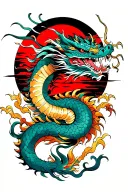 Japanese dragon wrapping up the rising sun around the forearm tattoo design idea