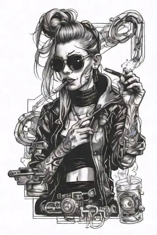 cyberpunk edgerunners, lucy, smoking cigarette, melancholic look tattoo design idea