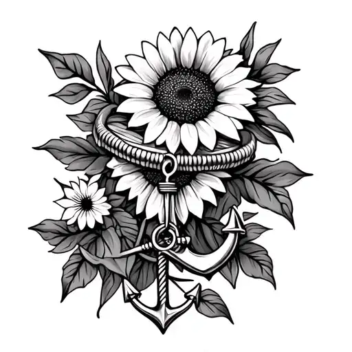 create a black and grey wrist tattoo. It will be a bracelet with anchor charm on one side and a garden with sunflower, d tattoo design idea