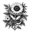 create a black and grey wrist tattoo. It will be a bracelet with anchor charm on one side and a garden with sunflower, d tattoo design idea