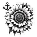 create a black and grey wrist tattoo. It will be a bracelet with anchor charm on one side and a garden with sunflower, d tattoo design idea