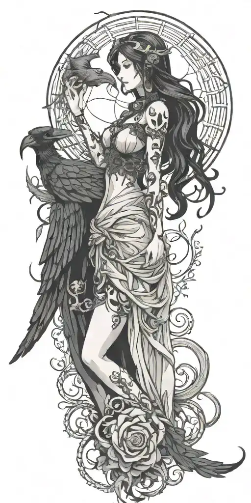 goddess of death, raven, snake, moon tattoo design idea