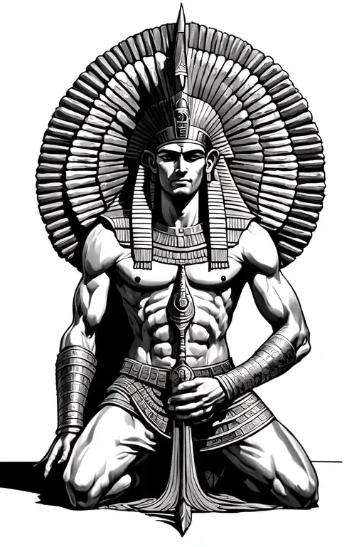 egyptian god fused with spartan warrior kneeling knight tattoo design idea