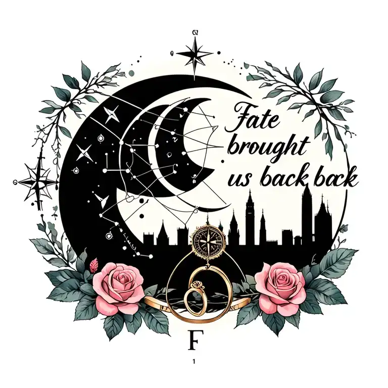 "Fate brought us back " crescent moon, Aries & Libra constellations, roses, wedding rings, compass, London skyline, initials I & F tattoo design idea