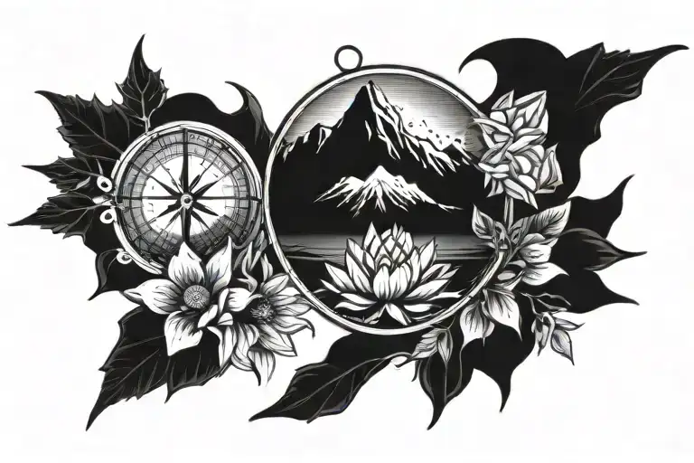 evergreeen trees, cactuses, compass rose, mountains, waterlily flowers, lockspur flowers tattoo design idea