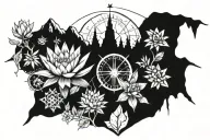 evergreeen trees, cactuses, compass rose, mountains, waterlily flowers, lockspur flowers tattoo design idea
