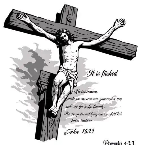Jesus on the cross with an empty tomb- and bible verse John 19:30 "It is finished" and Bible verse proverbs 4:23  tattoo design idea