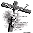 Jesus on the cross with an empty tomb- and bible verse John 19:30 "It is finished" and Bible verse proverbs 4:23  tattoo design idea