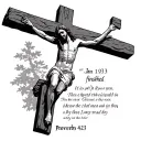 Jesus on the cross with an empty tomb- and bible verse John 19:30 "It is finished" and Bible verse proverbs 4:23  tattoo design idea