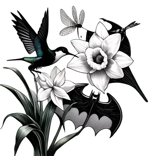 2 daffodils, 1 hummingbird, 1 dragonfly, 1 Batman symbol tattoo design idea
