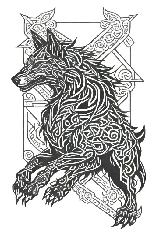 angry fenrir with runes wrapping, nordic tattoo design idea