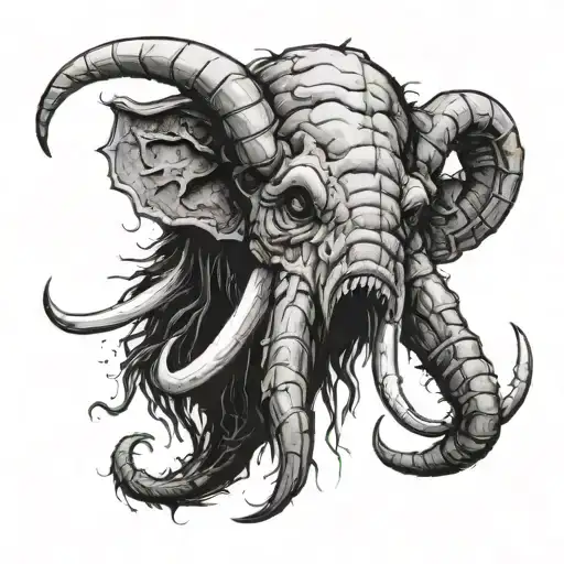 decapitated zombie wooly mammoth face emerging tattoo design idea