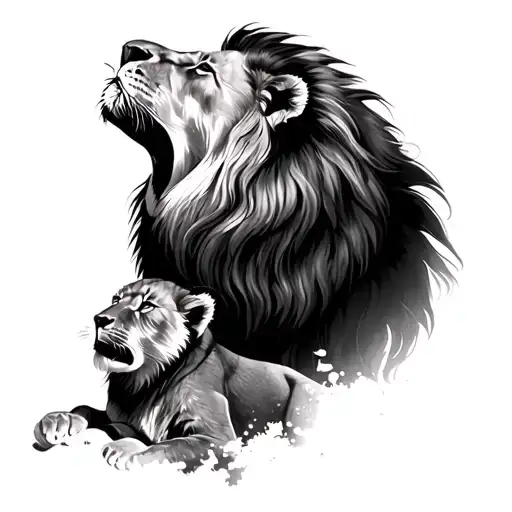 Lion with cub howling tattoo design idea