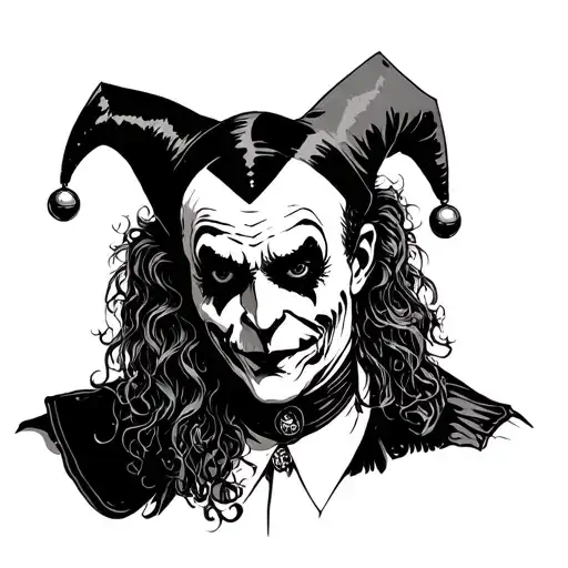 “A full-body creepy, solemn jester illustrated in the style of a vintage black-ink etching. The jester has a gaunt, elon tattoo design idea