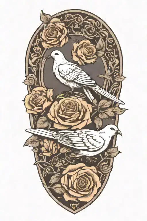 wreath of roses a seated dove perched and army dog tags with chain necklace tattoo design idea