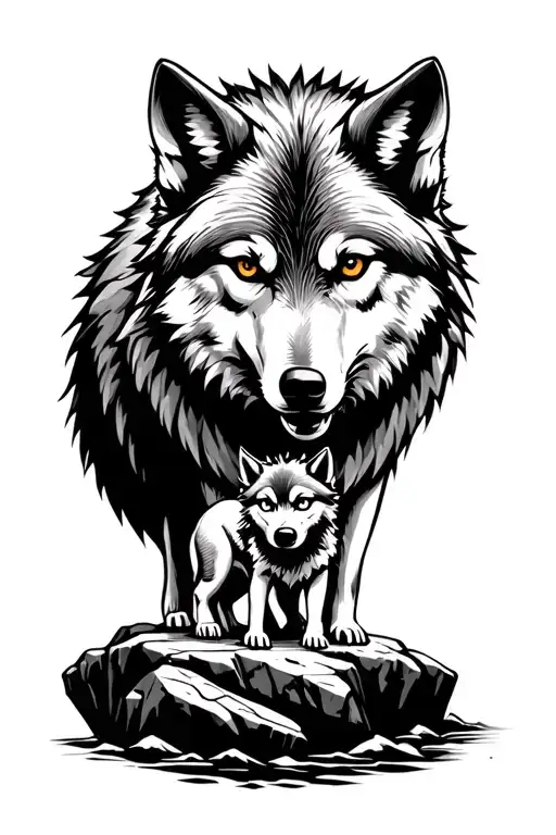 Wolf and little brother on a rocks forming the shape tattoo design idea