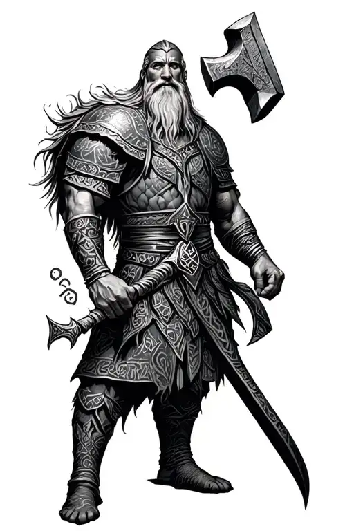 viking warrior with thor hammer and runes forming tattoo design idea