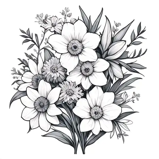 floral design with aster, daffodil, primrose, violet, narcissus tattoo design idea