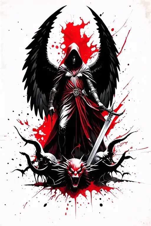 hooded arch angel with sword in right hand standing on demons tattoo design idea