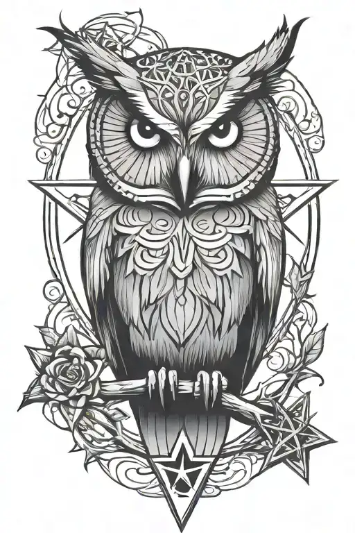 owl and pentagram tattoo design idea