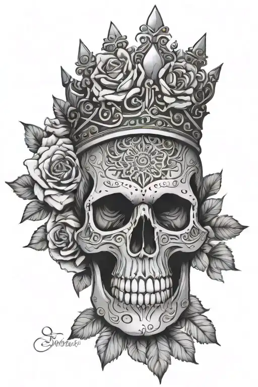 geometric mandala skull wearing a crown surrounded by mandala patterns with roses tattoo design idea