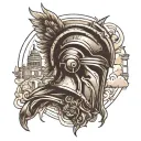 spartan helmet surrounded travel landmarks tattoo design idea