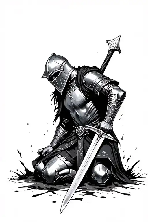 knight kneeling with longsword sticking in ground, include a dripping effect  tattoo design idea