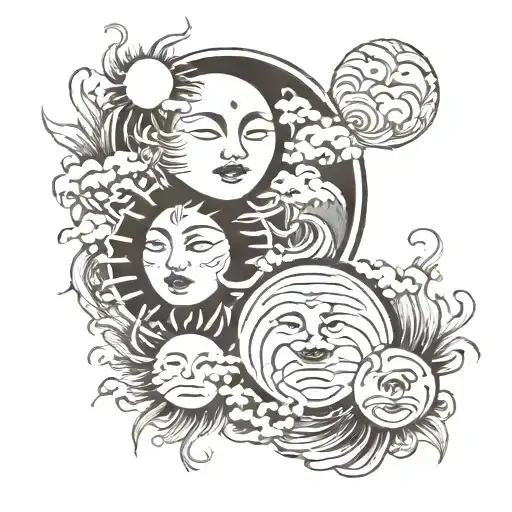 tattoo of a sun and moon, black and white ink only, cloud details included, faces on both sun and moon, bold dark lines tattoo design idea