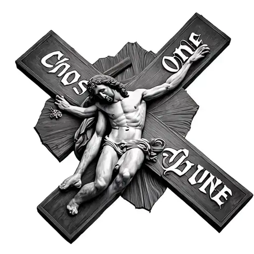 3D Jesus on a cross with the words chosen one integrated in the cross tattoo design idea