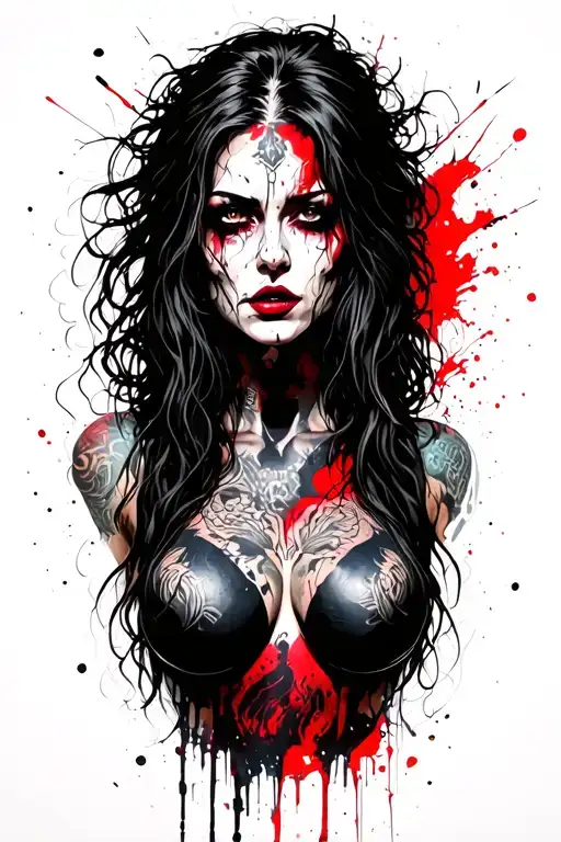 sexy pale women warrior with body tattoos. messy long hair, provocative look  tattoo design idea