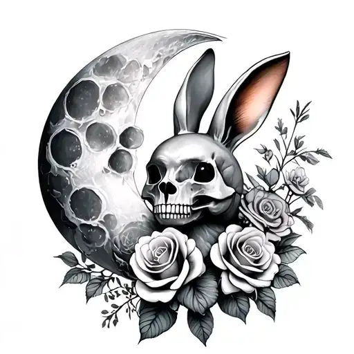 moon + bunny + snapdragon flowers and skulls roses tattoo design idea