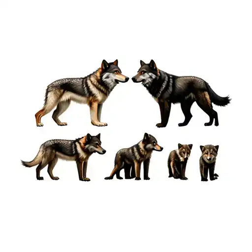 family of two wolves and five cubs surrounded tattoo design idea