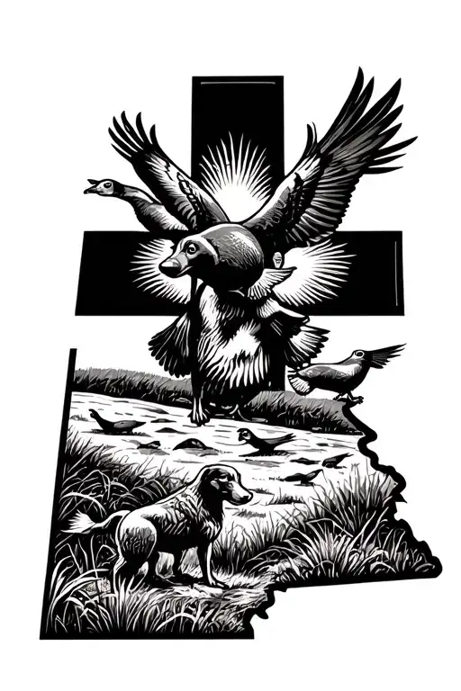 South Dakota outline filled with a cross, ducks and pheasants flying over with a dog looking, add guns with ammo tattoo design idea