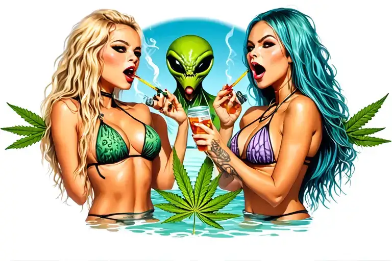 two blonde haired girls in bikinis partying smoking weed with two alien males tattoo design idea