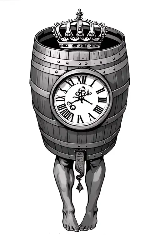 whiskey barrel with roman numerals and a kings crown above it realistic without legs tattoo design idea