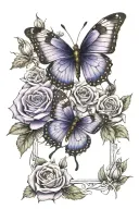 butterfly's with purple color and roses with date and name tattoo design idea