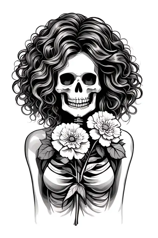 Mexican woman skeleton with wavy hair holding carnations  tattoo design idea
