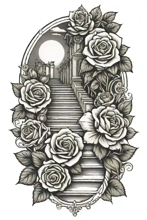 Memorial for grandma with roses and stair way to heaven tattoo design idea