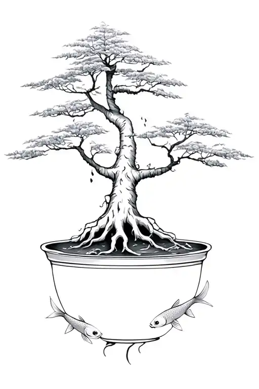 Maple Bonsai tree, no pot, with koi fish amongst exposed fine roots, minimal foliage tattoo design idea