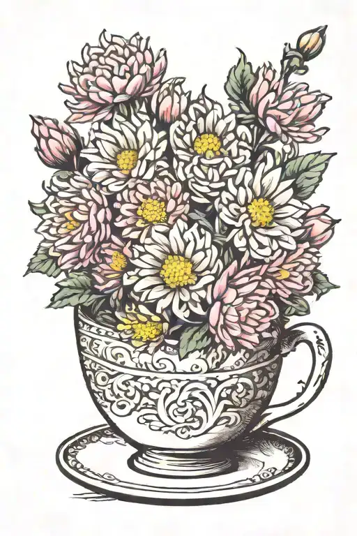 small chrysanthemums in a teacup tattoo design idea