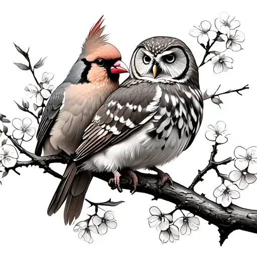 cardinal with barred owl on one branch mourning dove on another branch of flowering branches  tattoo design idea