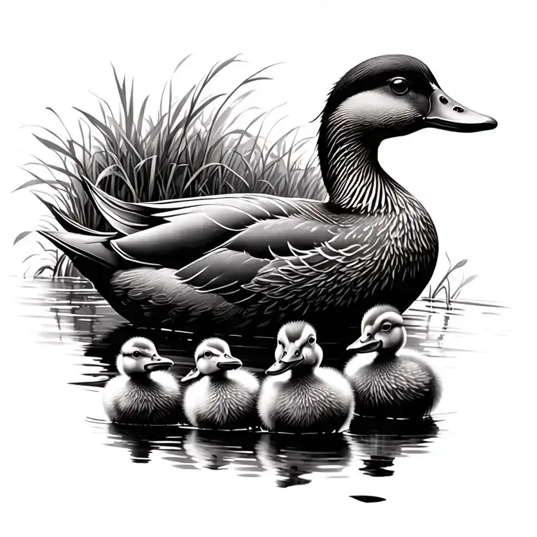 mother duck with 3 ducklings following their mother tattoo design idea