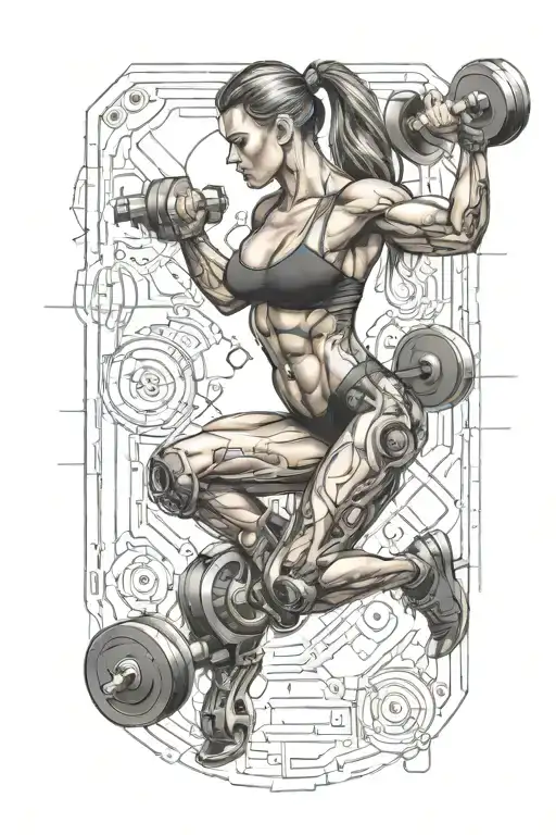 aesthetic bodybuilder muscular women lifting weight dumbell with technology circuits vectors board merging tattoo design idea
