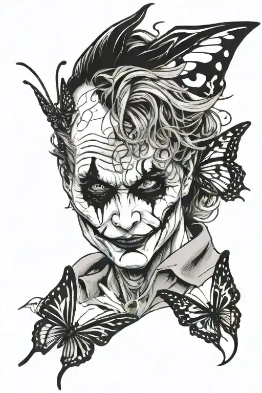 The Joker's face stylized on one wing of the butterfly and Maleficent on the other, with the semicolon in the center. tattoo design idea