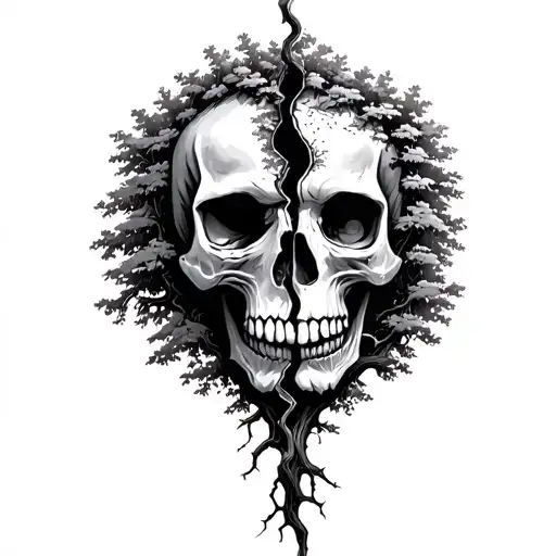  tree with a face splitting in two one half a skull tattoo design idea