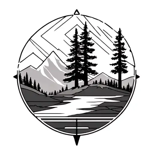 disc golf basket in the mountains and trees tattoo design idea