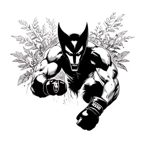 A powerful image of a wolverine with MMA gloves on, set against a backdrop of greenery and anime motifs tattoo design idea